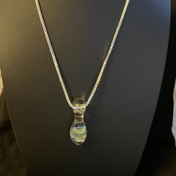 Hand Crafted Jewelry - Vintage Lampwork Art Glass Pendant with 3D Blue Flower + Sterling Silver Chain